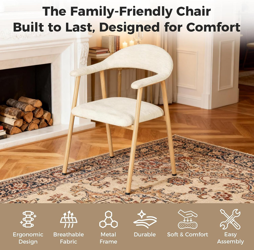 DUMOS Dining Chairs Set of 4, Linen Fabric Upholstered Kitchen Side Chairs with Curved Backrest & Metal Legs, Modern Farmhouse Accent Chair for Dining Room Kitchen Living Room Cafe, Beige