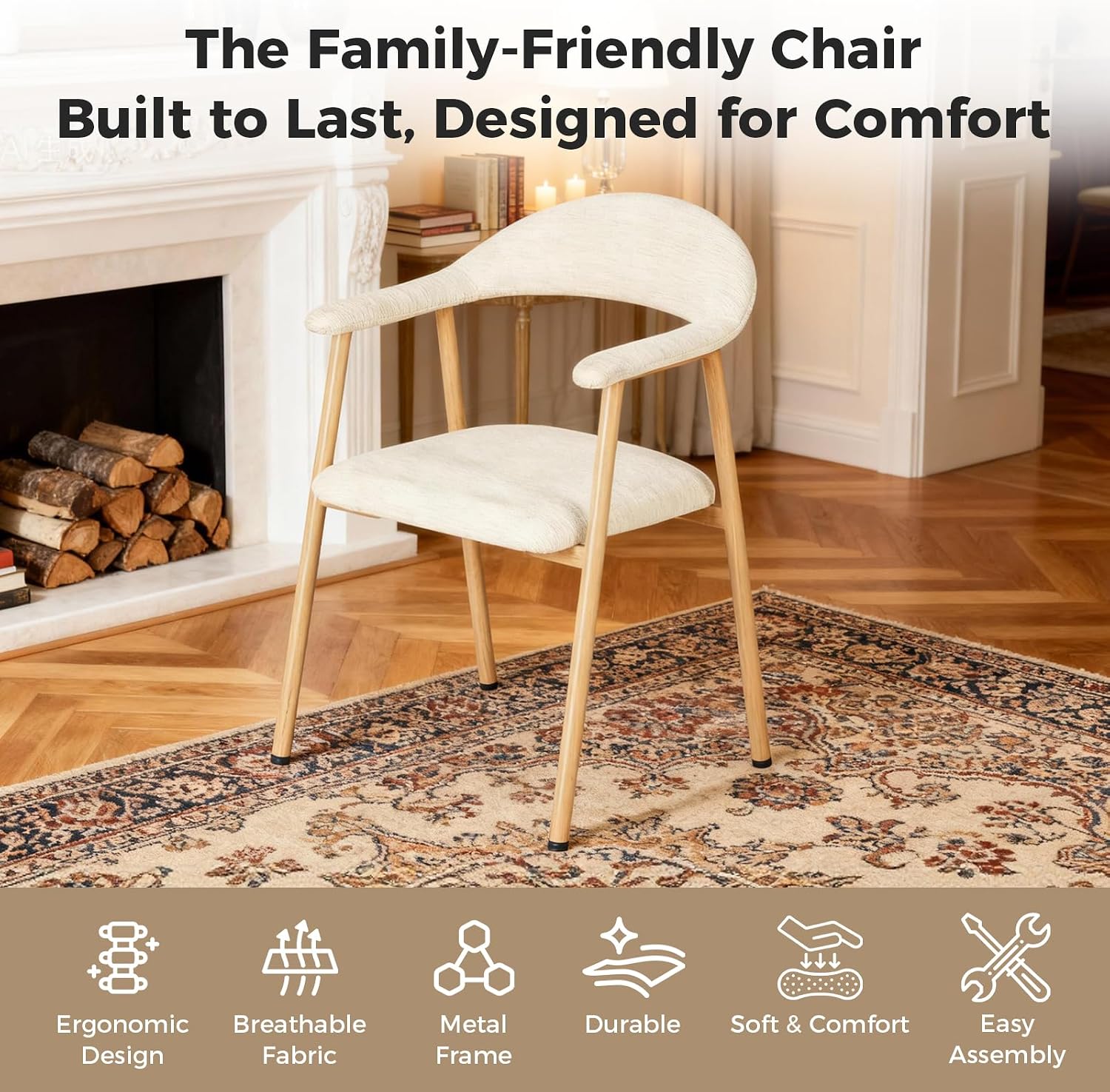 DUMOS Dining Chairs Set of 4, Linen Fabric Upholstered Kitchen Side Chairs with Curved Backrest & Metal Legs, Modern Farmhouse Accent Chair for Dining Room Kitchen Living Room Cafe, Beige