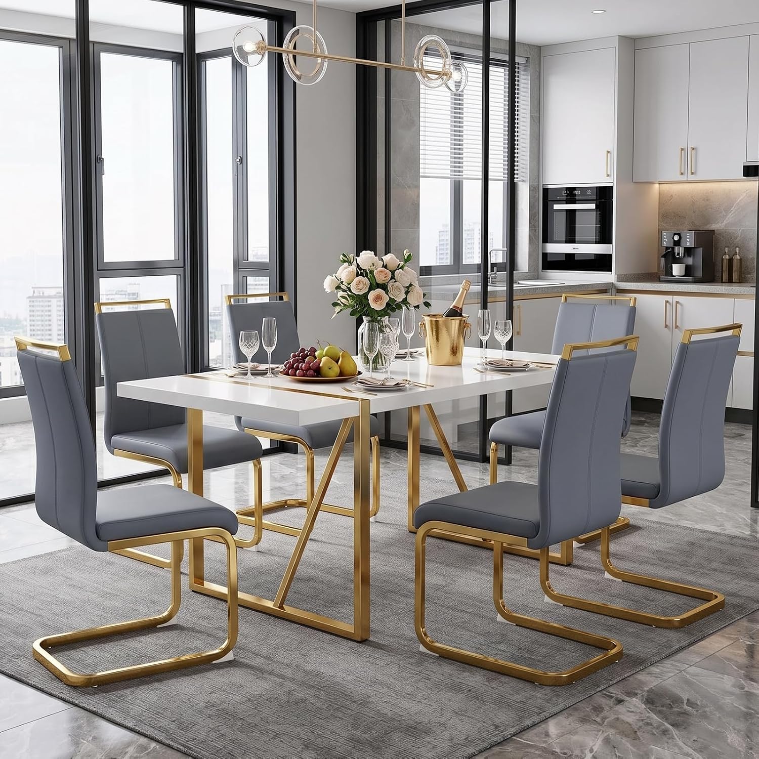 Ebullient 7-Piece White Dining Table Set for 6, Modern Gold Table & Chairs | 55" White MDF Table, 6 Padded Faux Leather Chairs, Gold Frames, 1.57" Thick Top, Reinforced Base, Easy-Clean, Easy Assembly