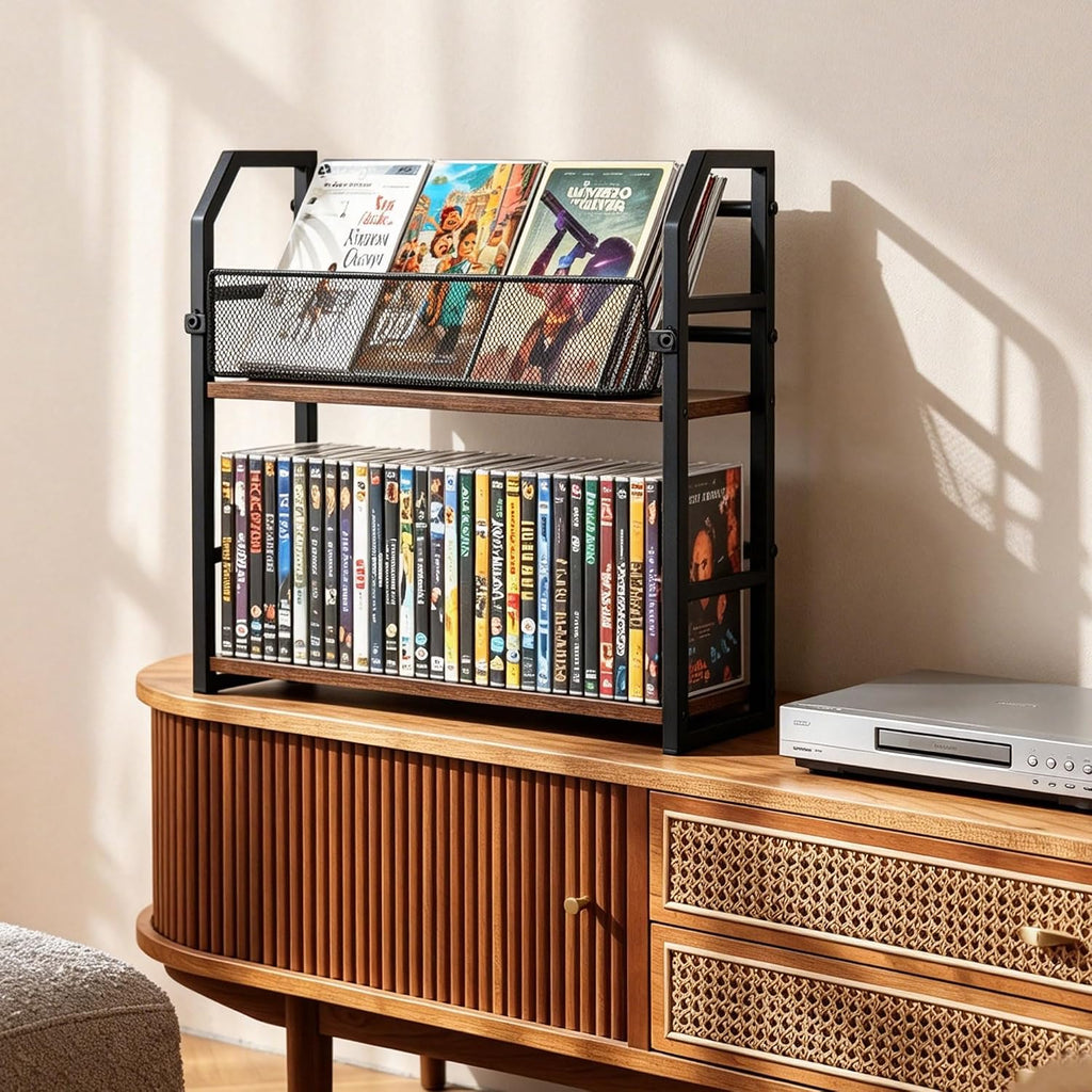 2-Tier DVD Storage Rack, DVD Holder Organizer Shelf, Space Saving Media Storage Stand for DVDs CDs Video Games, Display Organizer for Home Office Living Room