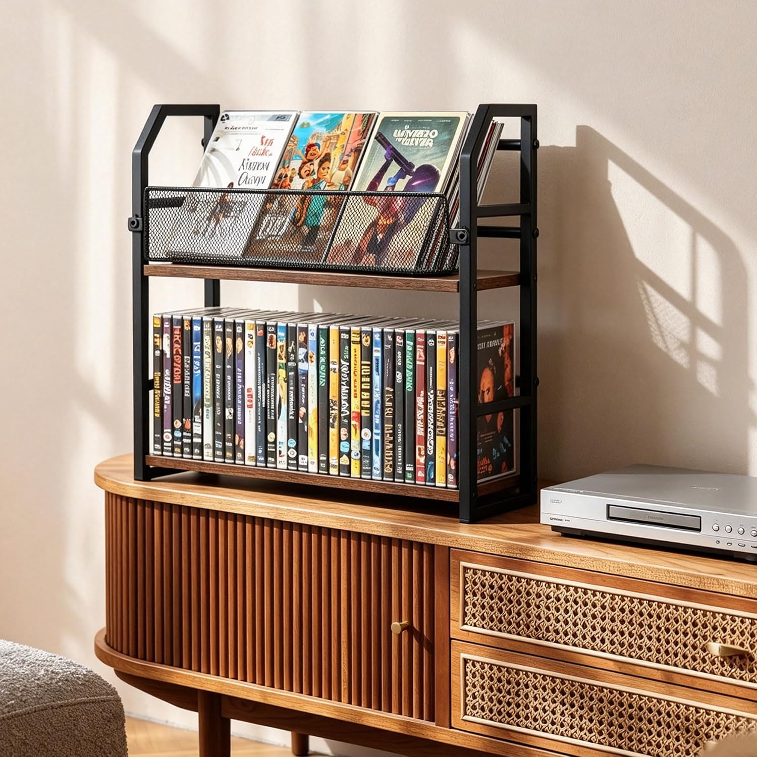 2-Tier DVD Storage Rack, DVD Holder Organizer Shelf, Space Saving Media Storage Stand for DVDs CDs Video Games, Display Organizer for Home Office Living Room