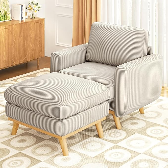 Vesgantti 38.5" Accent Chair with Movable Ottoman, Comfy Corduroy Armchair with Spring Cushion, Reading Chair with Ottoman, Modern Single Sofa for Living Room, Bedroom and Apartment, Light Gray