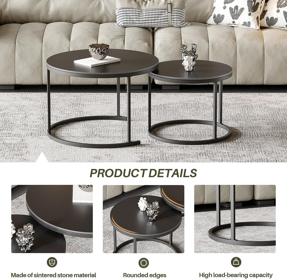 Round Nesting Coffee Table, Black Modern Decorative Coffee Center Table Set o...