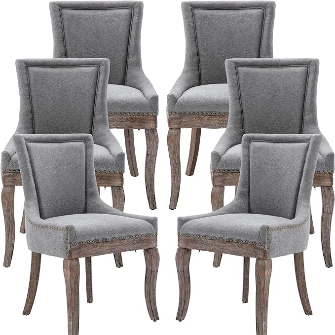 Gray Dining Chairs Set of 6, Kitchen & Dining Room Chairs, Fabric Upholstered Dinning Chairs, Sillas De Comedor, Nailhead Trim, Wood Legs (Grey, 6 Pcs)