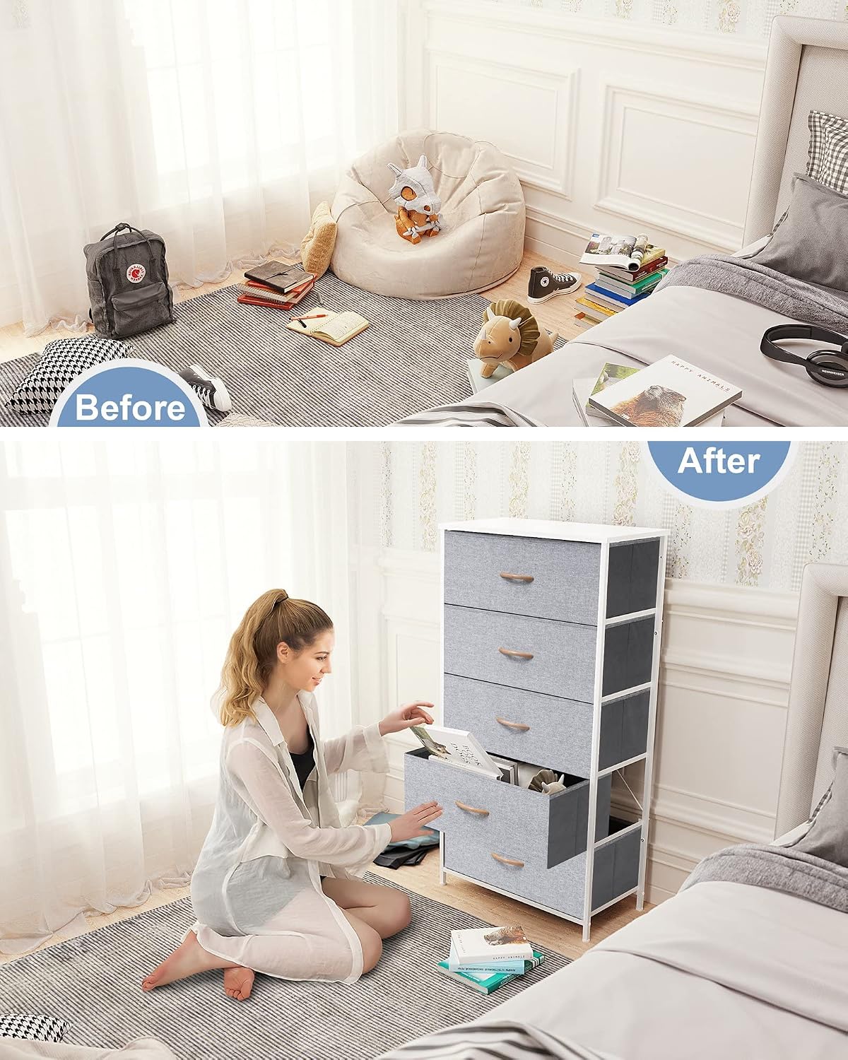 Tall Dresser, Wide Vertical Fabric Storage Organizer, 5 Drawer (Light Gray) | Sturdy Steel Frame, Wood Top and Easy Pull Handle, Space-saving Organizer for Clothes, Bedroom, Hallway, Entryway, Closets