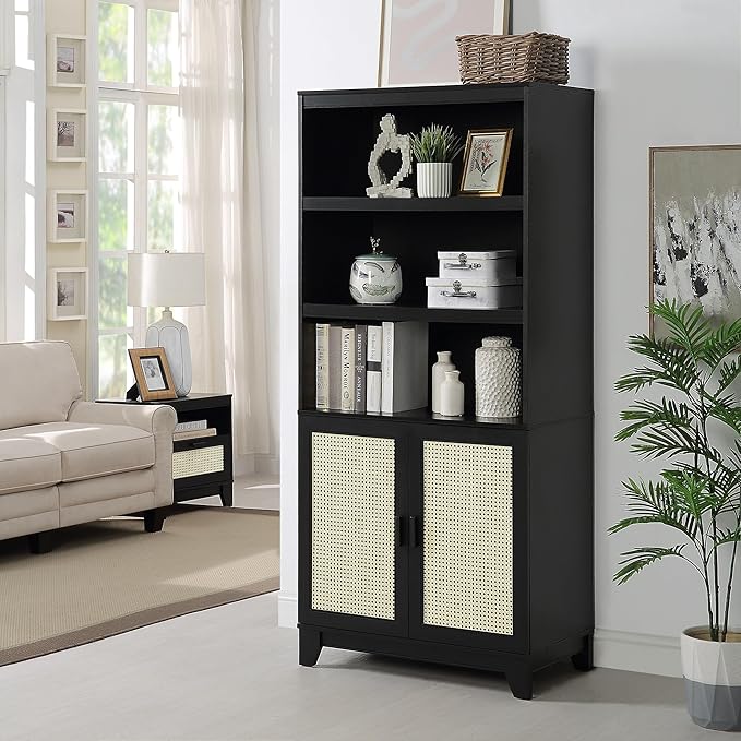 Manhattan Comfort Sheridan Modern Cane Bookcase with Adjustable Open Shelves, Soft Close Doors, and Concealed Compartments, Versatile 3 Tier Bookshelf Storage for Home and Office, Set of 1, Black