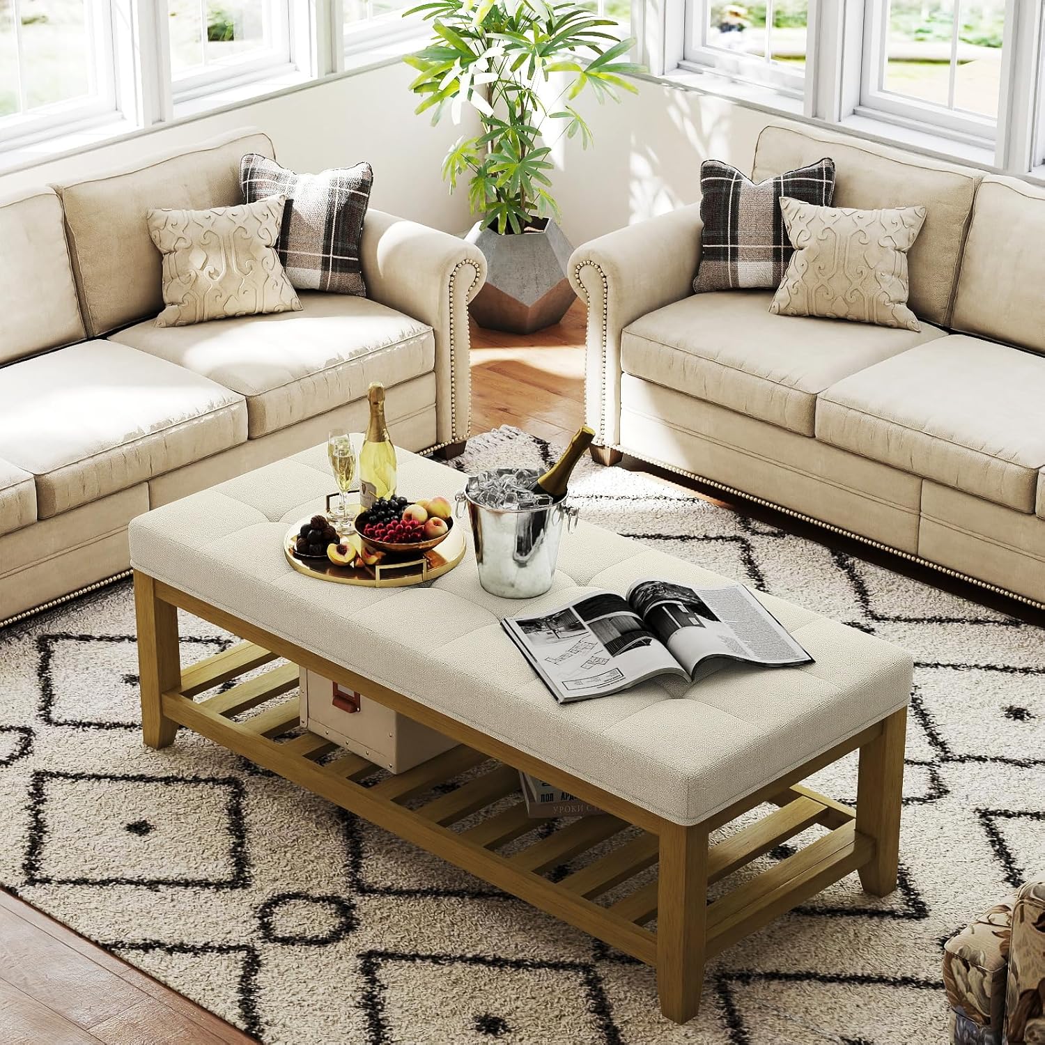 Befurtori Large Rectangular Upholstered Ottoman Bench, Linen Tufted Footrest Ottoman with Solid Wood Shelf Storage Coffee Table for Bedroom Living Room, Ivory