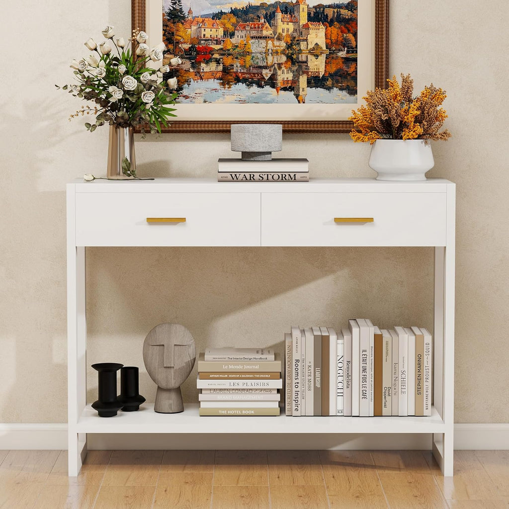 Entryway Table, Console Table with Motion Sensor Light, Sofa Table with 2 Drawers and Storage Shelf, Entryway Cabinet and Sideboard Cabinet for Hallway, Foyer, Living Room, White