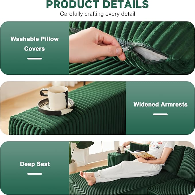 97" Modular Sectional Sofa, L-Shaped Boneless Couch with Deep Seat, Cozy Cloud Couch Sectional with Convertible Ottoman, Modern Sectional Couches for Living Room（ Green）