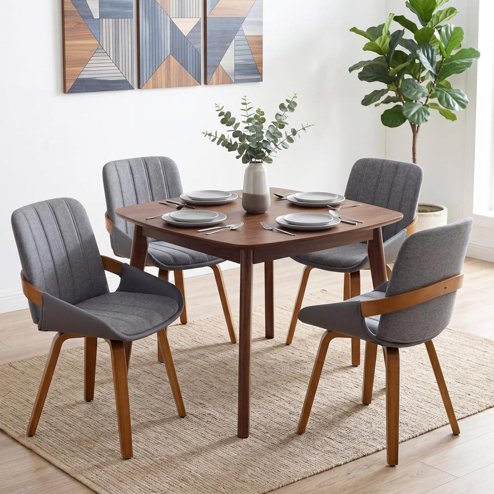 Dining Room Chairs Set of 4, Mid Century Modern Gray Fabric+Faux Leather Kitc...