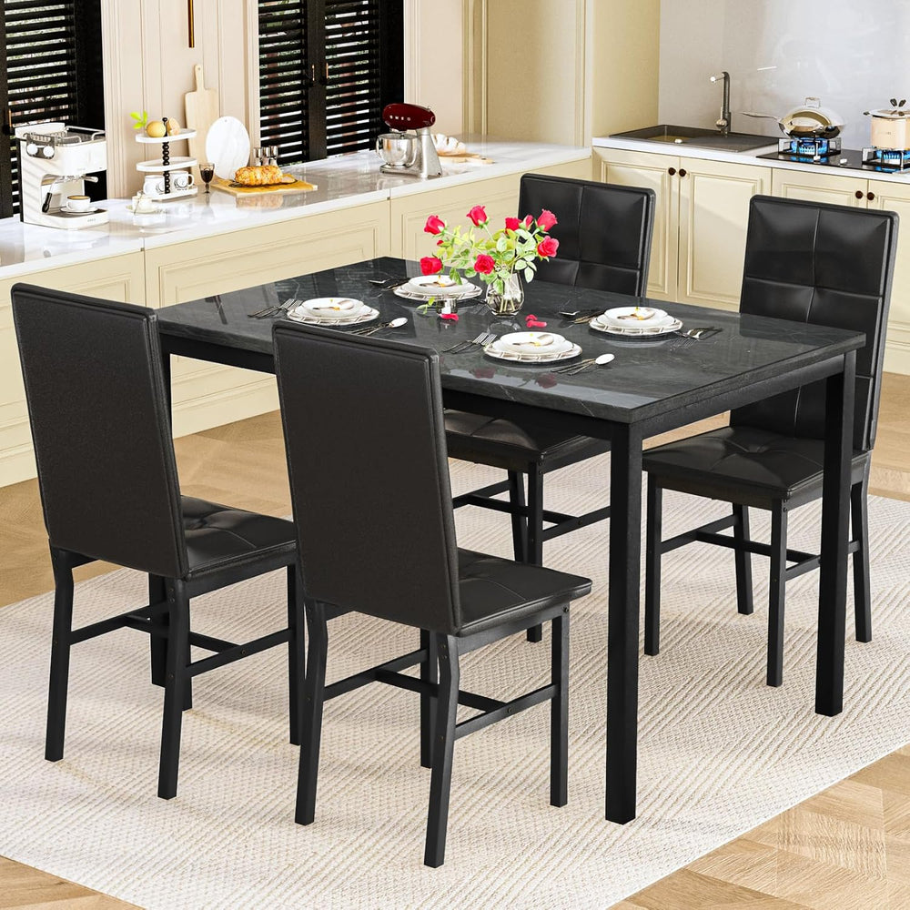 Hooseng Dining Table Set for 4, Faux Marble Small Kitchen Table with 4 PU Lea...