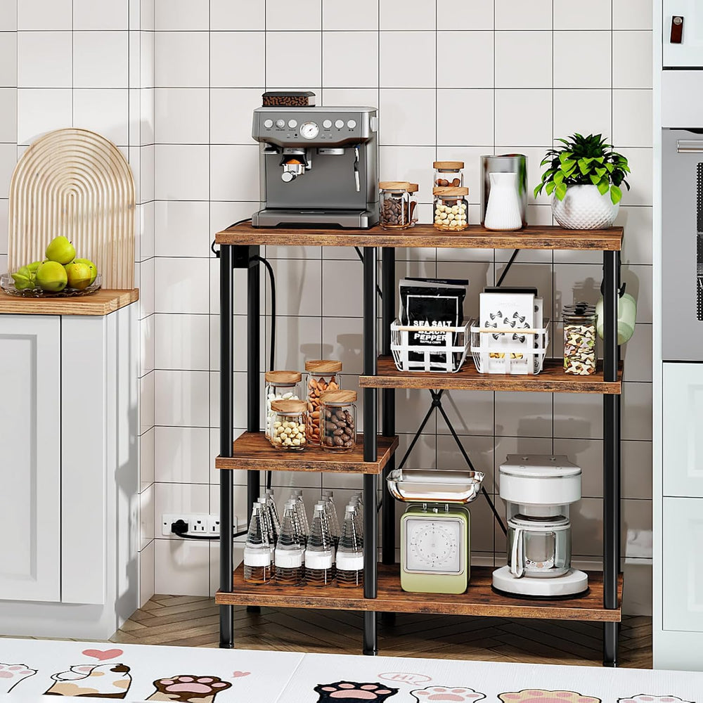 HOOBRO Bakers Rack with Power Outlet, Microwave Stand with 5 S-Shaped Hooks, ...
