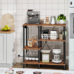 HOOBRO Bakers Rack with Power Outlet, Microwave Stand with 5 S-Shaped Hooks, Coffee Bar, Kitchen Storage Shelf, for Kitchen, Living Room, Rustic Brown and Black BF07UHB01