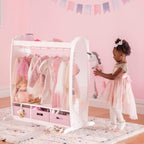 Guidecraft Dress Up Storage – White: Dramatic Play Costume Rack with Mirror and Tray for Toddlers - Kids Armoire, Dresser with Fabric Storage Bins