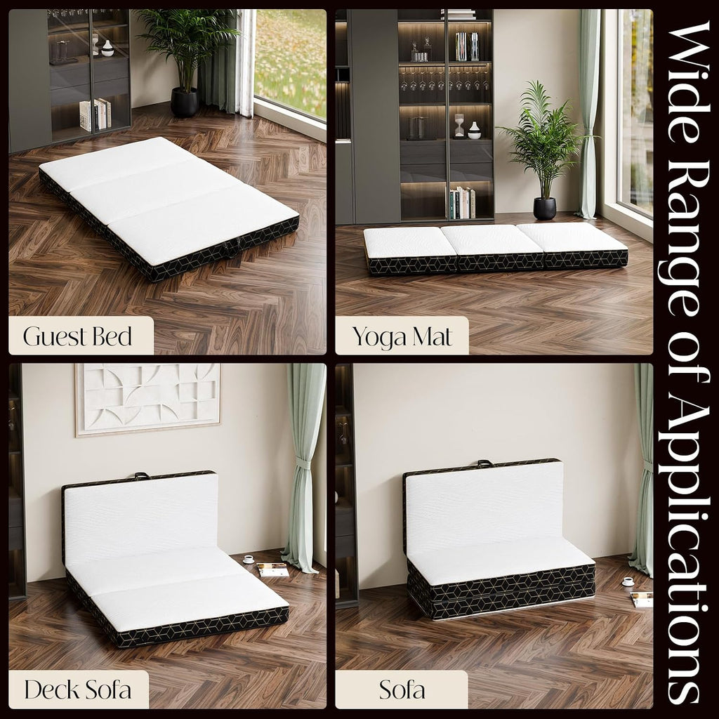 GEMBED Tri Folding Mattress Full Size - 4Inch Foldable Floor Sofa Bed | Memory Foam Tri-fold Handle & Non-Slip Bottom, Portable Foldable Sofa Bed Floor for Travel RV Camping Yoga - 73"x52"x4"