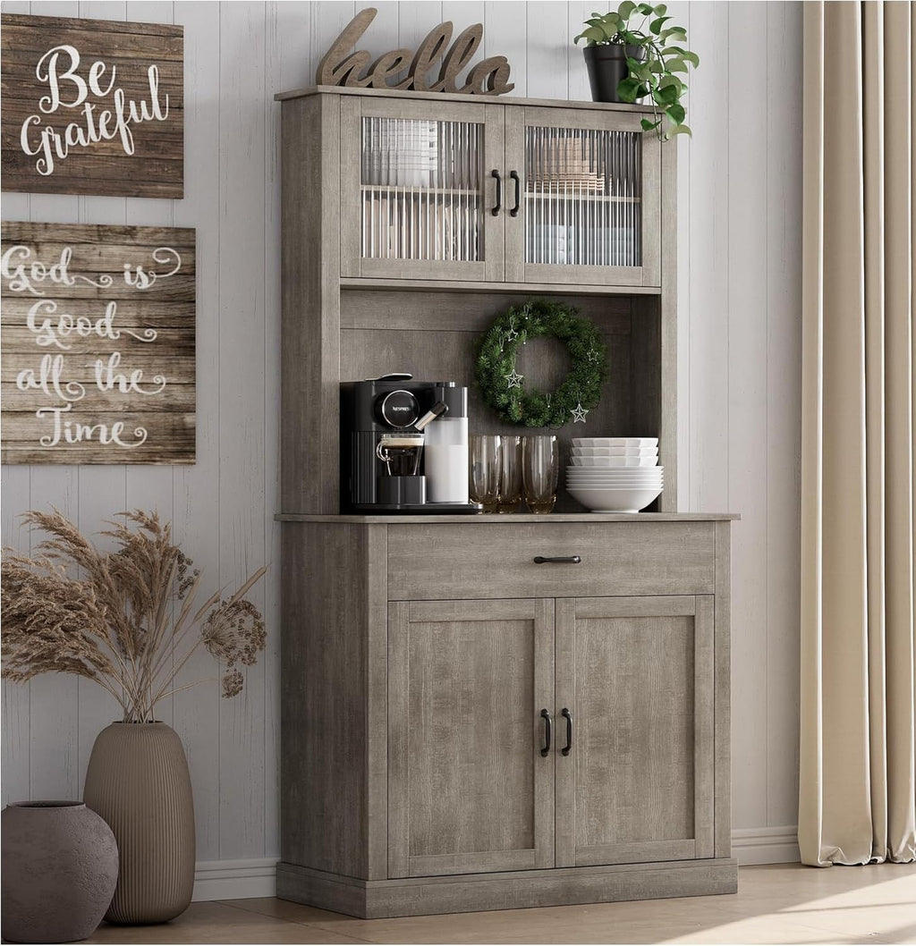 71” Kitchen Pantry Storage Cabinet with Glass Doors and Microwave Stand, Freestanding Tall Kitchen Cabinet with Adjustable Shelves for Dining Room, Grey