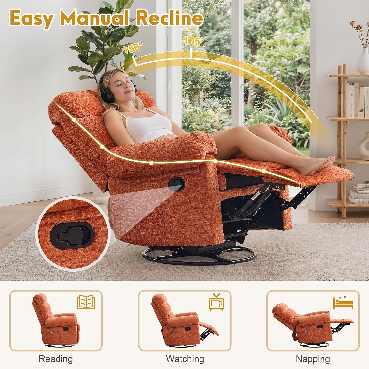 Korser 360° Swivel Rocker Recliner Chair, Rocking Chair Nursery with Massage and Heat, Small Recliners for Small Space, Manual Reclining Chair with Cozy Chenille Fabric, Side Pockets for Living Room