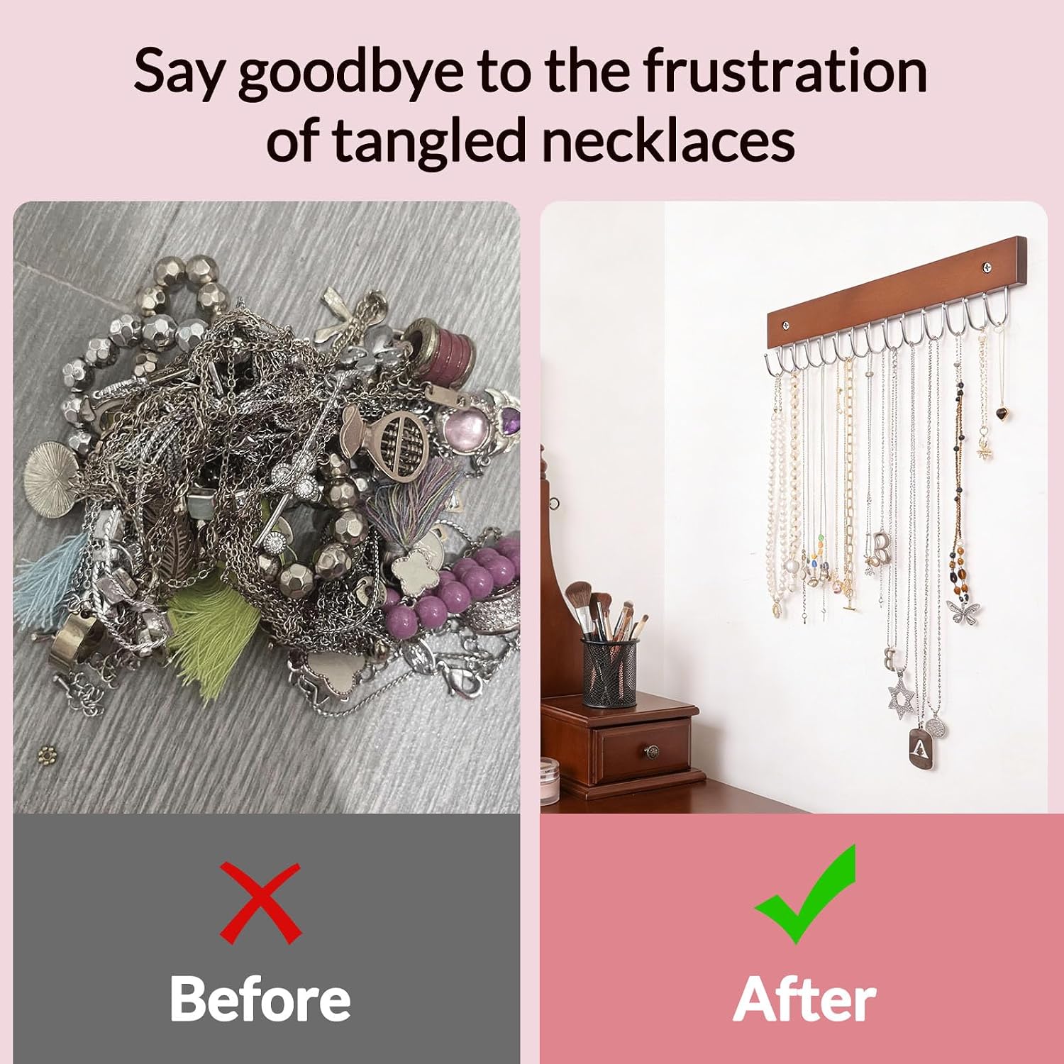 SCUNDA Hanging Jewerly Organizer for Wall, Wall Mounted Necklace Holder, Wood Wall Mount Jewerly Organizer for Earrings Bar, Hanging Rings, Necklaces and Bracelet, Nice Gift for Woman (2pack,Brown)