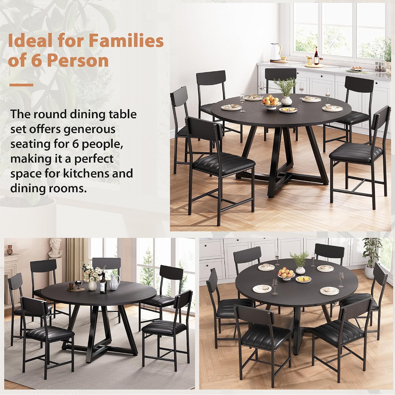 Round Dining Table Set for 6, Kitchen Table and Chairs for 6, Circle Table Round Pedestal Dining Room Dinner Dinette Table Set,7 Piece Space Saving Wood Kitchen & Dining Room Tables (Black, 51In)