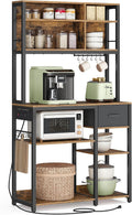 VASAGLE Bakers Rack with Charging Station, Coffee Bar, 15.7 x 31.5 x 71 Inches, Kitchen Microwave Stand, Adjustable Storage Shelves, Fabric Drawer, 12 Hooks, Rustic Brown and Ink Black UKKS015K01