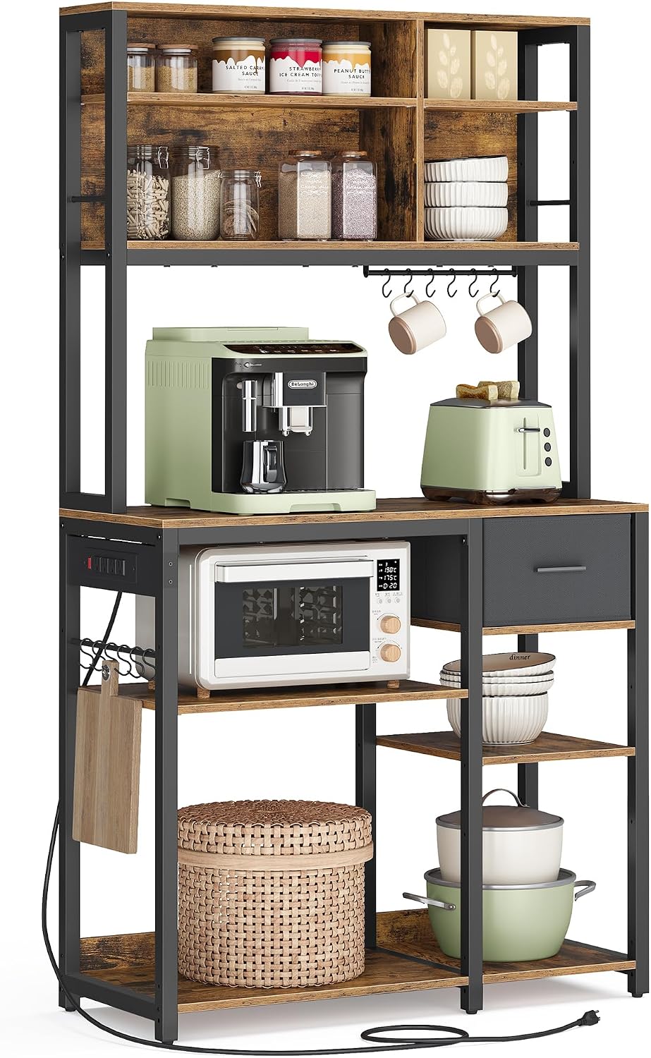 VASAGLE Bakers Rack with Charging Station, Coffee Bar, 15.7 x 31.5 x 71 Inches, Kitchen Microwave Stand, Adjustable Storage Shelves, Fabric Drawer, 12 Hooks, Rustic Brown and Ink Black UKKS015K01