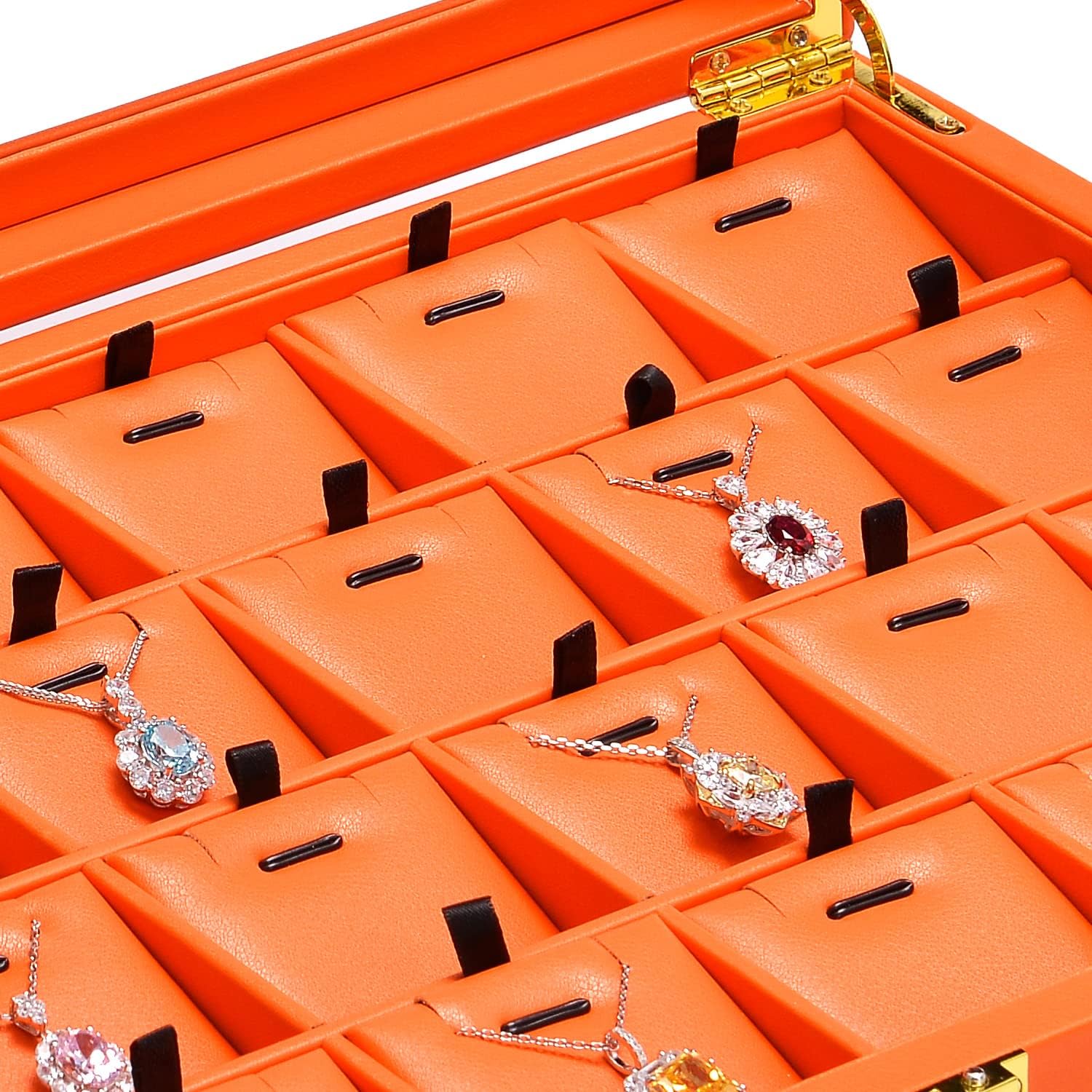 Oirlv Premium Leather Jewelry Tray with 24 Grid Removable Jewelry Cards Necklace Organizer Box with Transparent Acrylic Lid Necklace Pendant Display Case