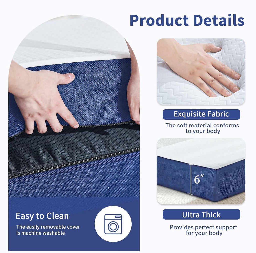 CYMULA Folding Mattress Queen Size, Memory Foam 6 inch Tri Portable Trifold Mattress Futon Topper Queen with Breathable & Washable Cover, Murphy Bed Guest Bed,58"x75"x6"