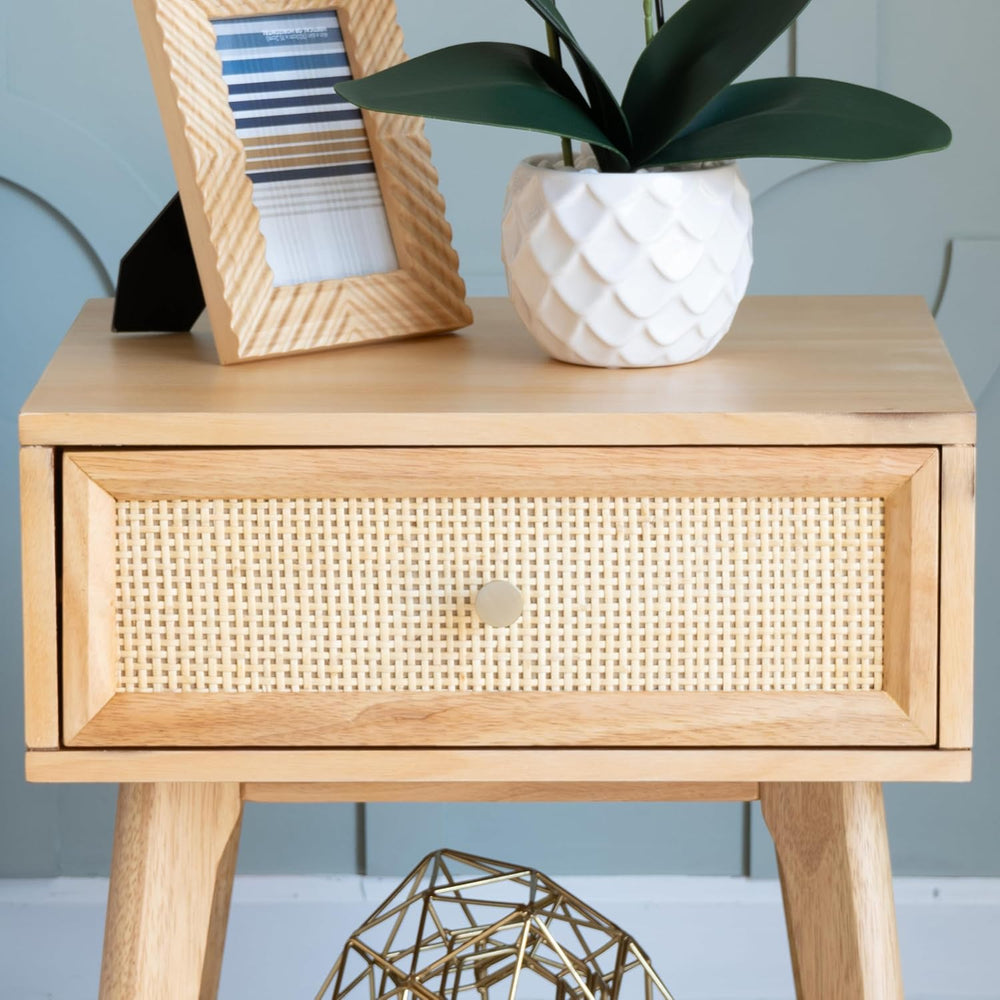 Powell Laurie Natural Wooden Side Accent Table with Cane Drawer Front