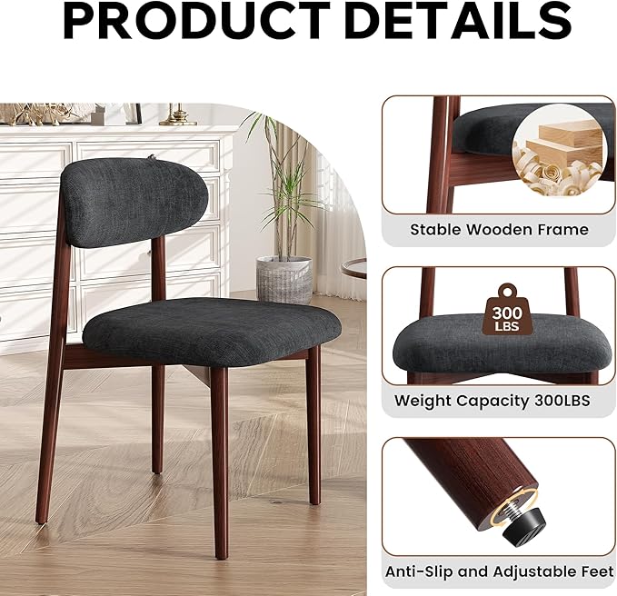 Wooden Dining Chair Set of 1, Modern Dining Chairs with with Curved Back, Fabric Upholstered Kitchen Dining Room Chairs with Adjustable Legs for Farmhouse Dining Living Room,Dark Grey