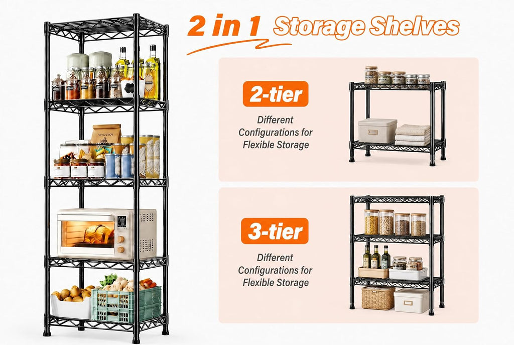 GRANNY SAYS 5-Tier Narrow Storage Shelves for Small Spaces – 15.8" W Metal Shelving Unit, Adjustable Wire Shelf, Freestanding Storage Rack for Bathroom, Laundry, Kitchen Pantry, Garage, Black