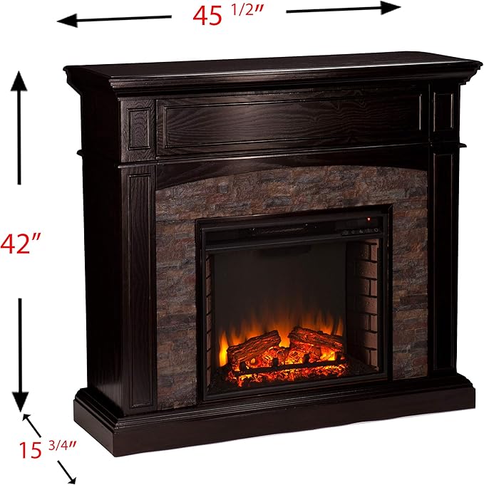 SEI FURNITURE Grantham Faux Stone Corner Electric Media Fireplace, Ebony Finish.