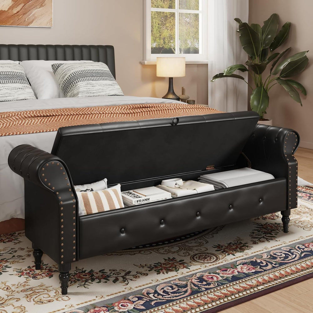 FiveWillowise 65" End of Bed Bench with Storage Ottoman,Black | Faux Lea...