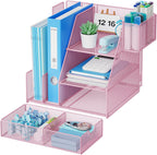 Marbrasse Desk Organizer and Accessories, 3-Tier File Organizer with Drawer and Pen Holder, Small Desktop Organizer and Storage for Workspace Office Supplies Pink