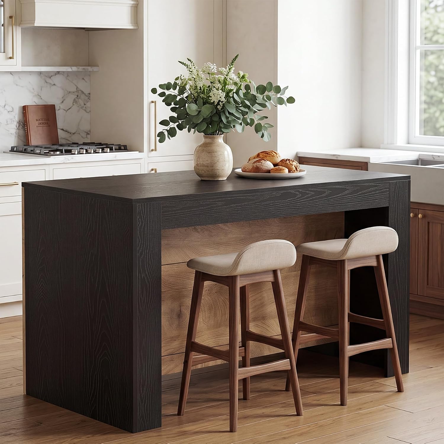 LITTLE TREE Kitchen Island with Storage, 55 Inch Island, Modern Farmhouse Kitchen Counter, Fluted Reeded Frame Open Shelves Prep Workstation, Black and Brown