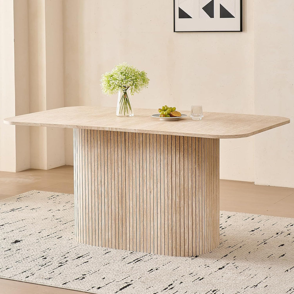 63" Large Dining Table for 4 6, [Rounded Corners] [Grooved Pedestal Base...