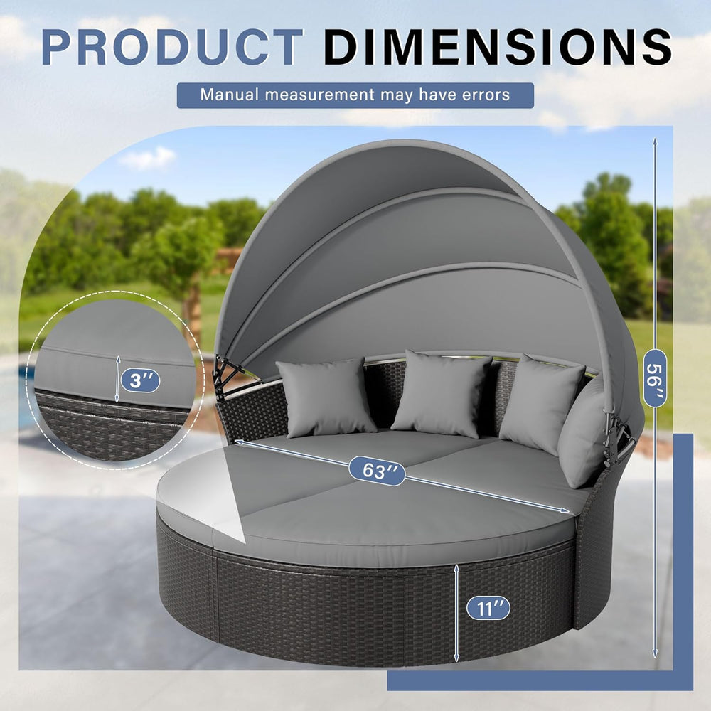 Crownland Round Patio Daybed with Retractable Canopy, Clamshell Wicker Sectio...
