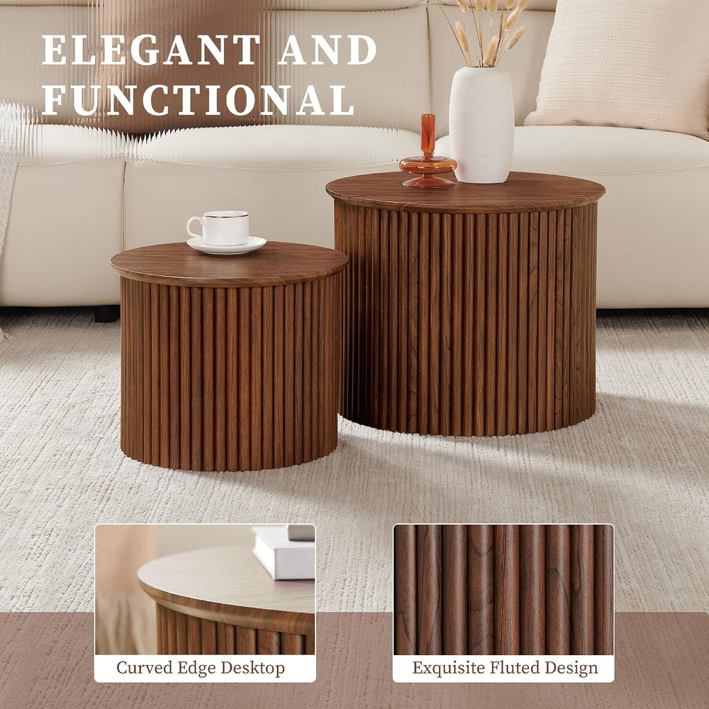 Small Fluted Round Nesting Coffee Table Set of 2, Mid Century Modern Coffee T...