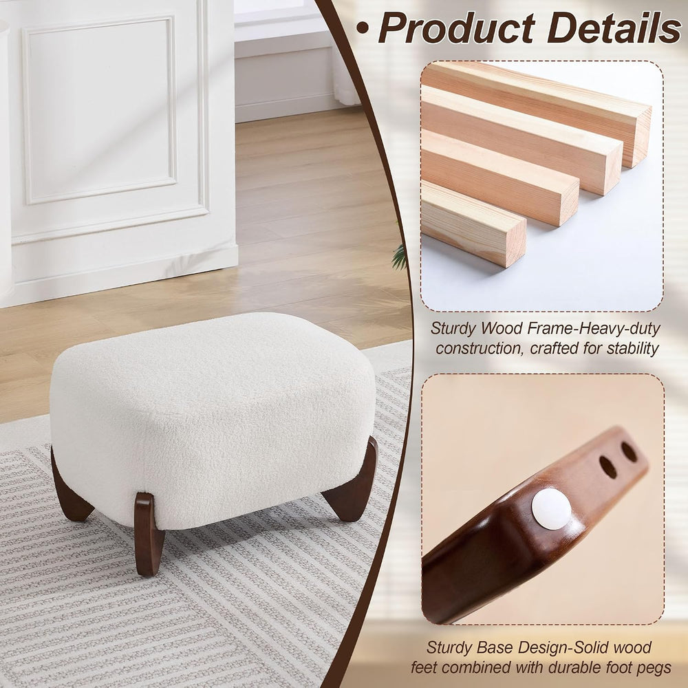 WUTUTUEE 28.7" Sherpa Boucle Ottoman with Solid Wood Legs, Modern Uphols...
