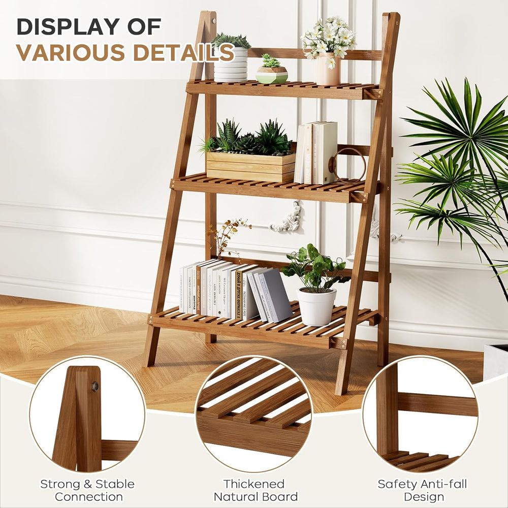 Bamboo Ladder Shelf 3-Tier Foldable Plant Stand, 23.6"W x 15"D x 39...