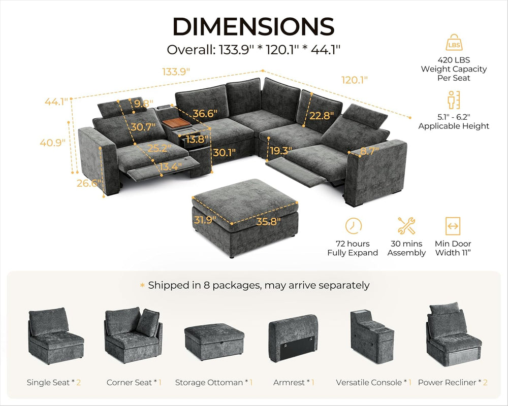 Oversized Modular Power Recliner Sofa Wall Hugger, Cloud Reclining Couch with...