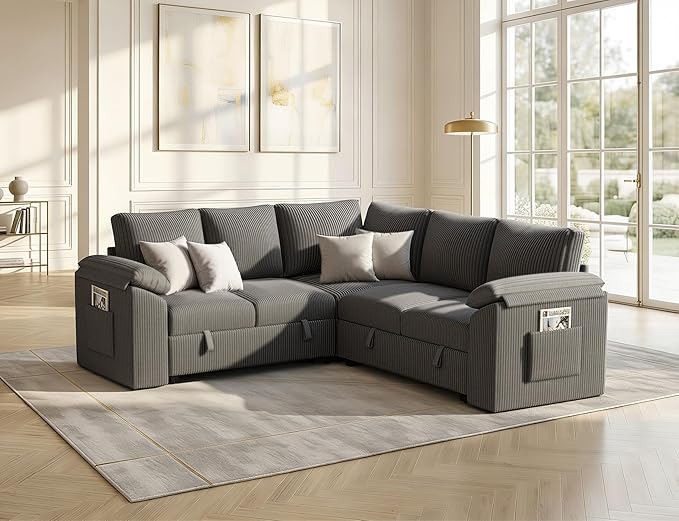85 Inch Modular Sectional Sofa with Pull Out Couch Bed, L Shaped 5 Seat Sectional Couch with Storage, Corduroy Sectional Couches for Living Room, Cloud Modular Couch, Removable Sofa Cover, Dark Grey