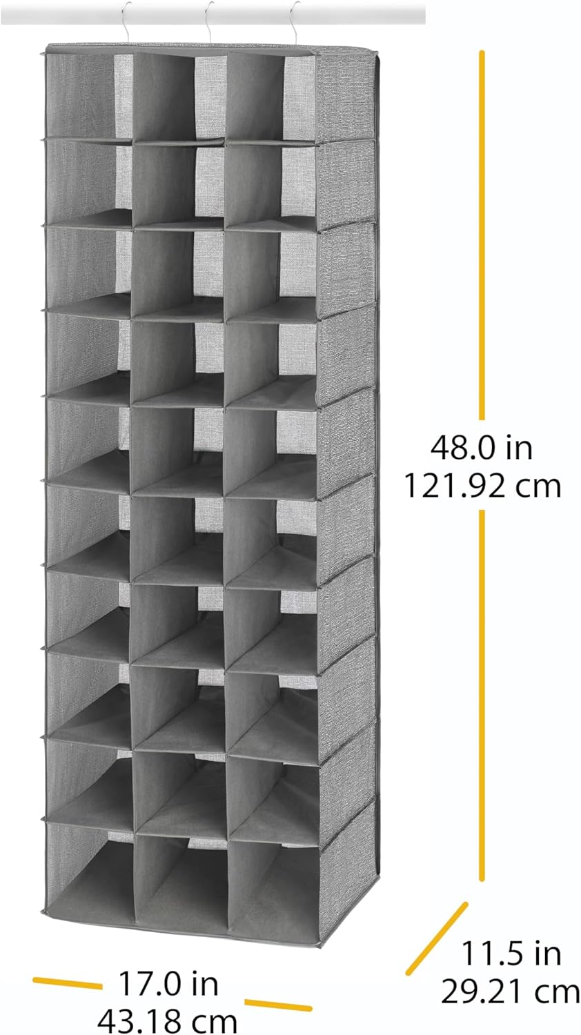 Whitmor 30 Sections Hanging Clothes Closet Shoe Organizer, Space Saving Breathable Fabric Shoe Storage for Bedroom, Laundry, Dorm, Crosshatch Gray