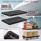 Utility Service Cart 2 Shelf - 880lbs Capacity Heavy-Duty Plastic Rolling Utility Carts with 5 of 360° Swivel Wheels and Handle, Large Service Cart for Groceries, Warehouse,Garage 43.5''x25.6''