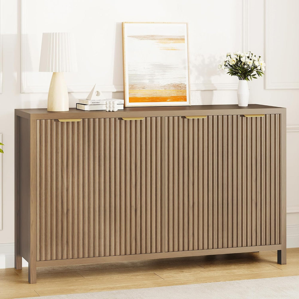 Fluted Buffet Cabinet with Storage, 55" Sideboard Cabinet with 4 Doors, ...