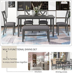 Merax 6-Piece Kitchen Dining Table Set Wooden Rectangular Dining Table, 4 Dining Chair and Bench Family Furniture for 6 People, Grey