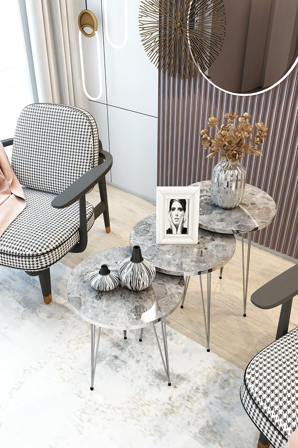 Set of 3 High Gloss Gray Marble Silver Legs Nesting End Tables Round Wood Sta...