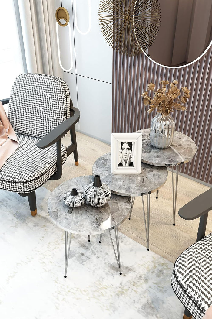 Set of 3 High Gloss Gray Marble Silver Legs Nesting End Tables Round Wood Stacking Coffee Side Accent Table with Metal Legs for Living Room, Home Office, Nightstands for Bedroom