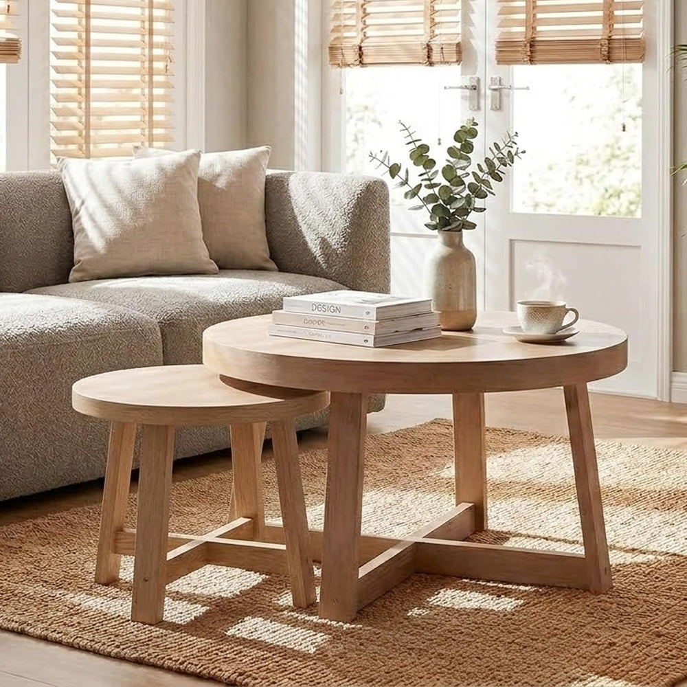 Set of 2 Round Nesting Coffee Tables, Natural Wood Finish Modern Side Tables,...