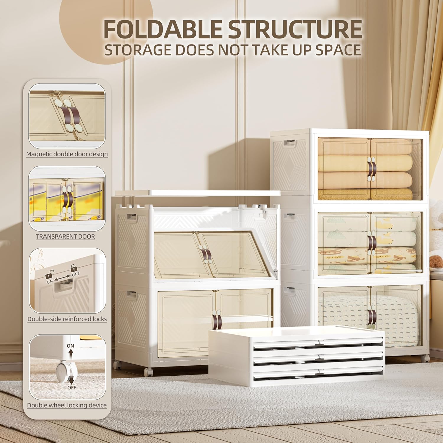 312 QT / 78 Gal Large Foldable Stackable Plastic Storage Cabinet with Double Magnetic Doors, Leather Handles & 4 Wheels - Organize Home, Office, Closet