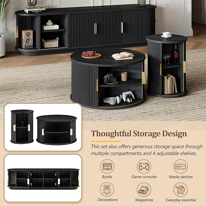 Wooden TV Stand & Coffee Table Set with Fluted Sliding Doors for TVs up to 75", Golden Handles Media Console with Cable Hole, Farmhouse Round Center Table for Living Room, Black